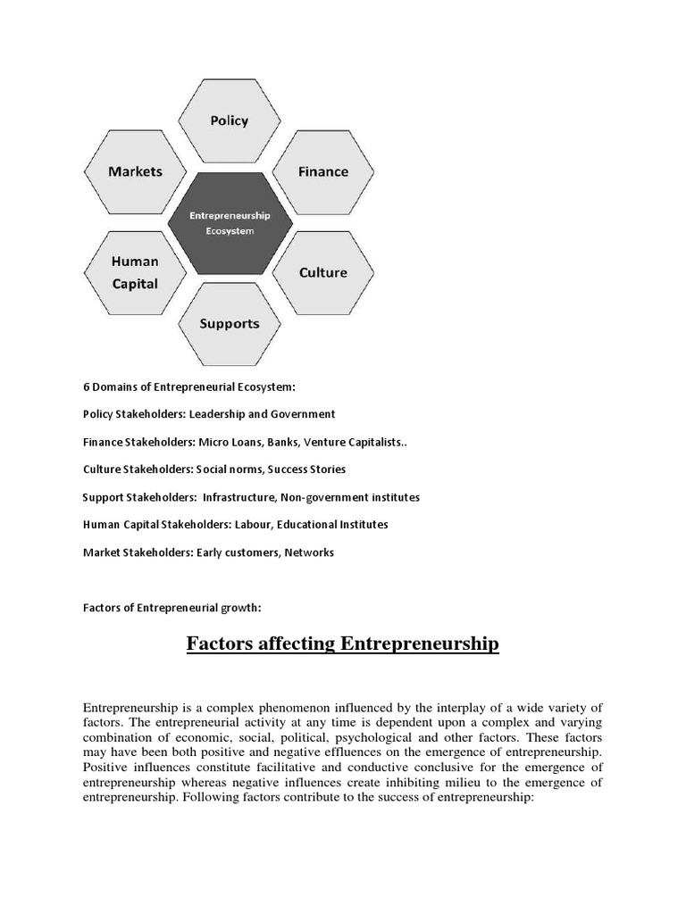 6 Domains & Factors in Entrepreneurial Ecosystem | PDF | Entrepreneurship |  Economic Growth