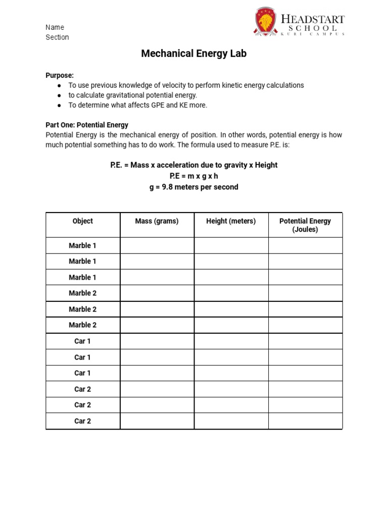Mechanical Energy Lab PDF