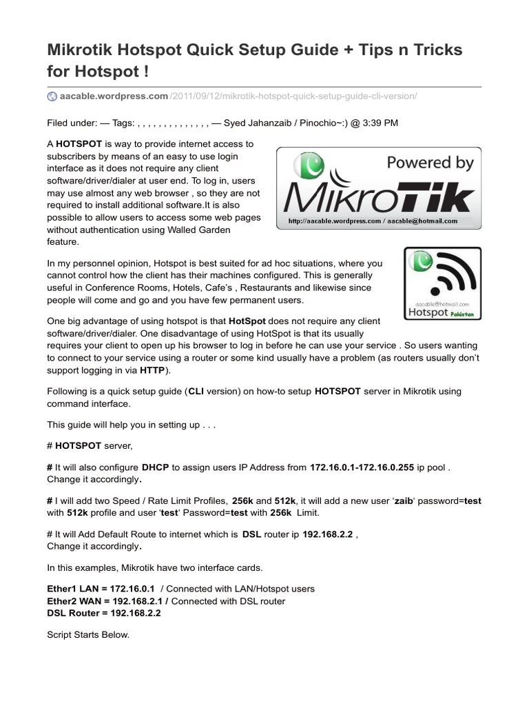 Mikrotik Hotspot Quick Setup Guide Tips N Tricks For Hotspot PDF Ip