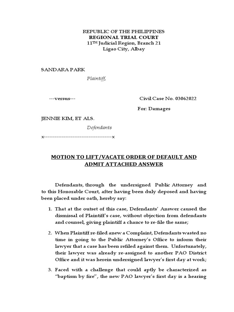 Motion To Lift Order of Default PDF Complaint Legal Procedure
