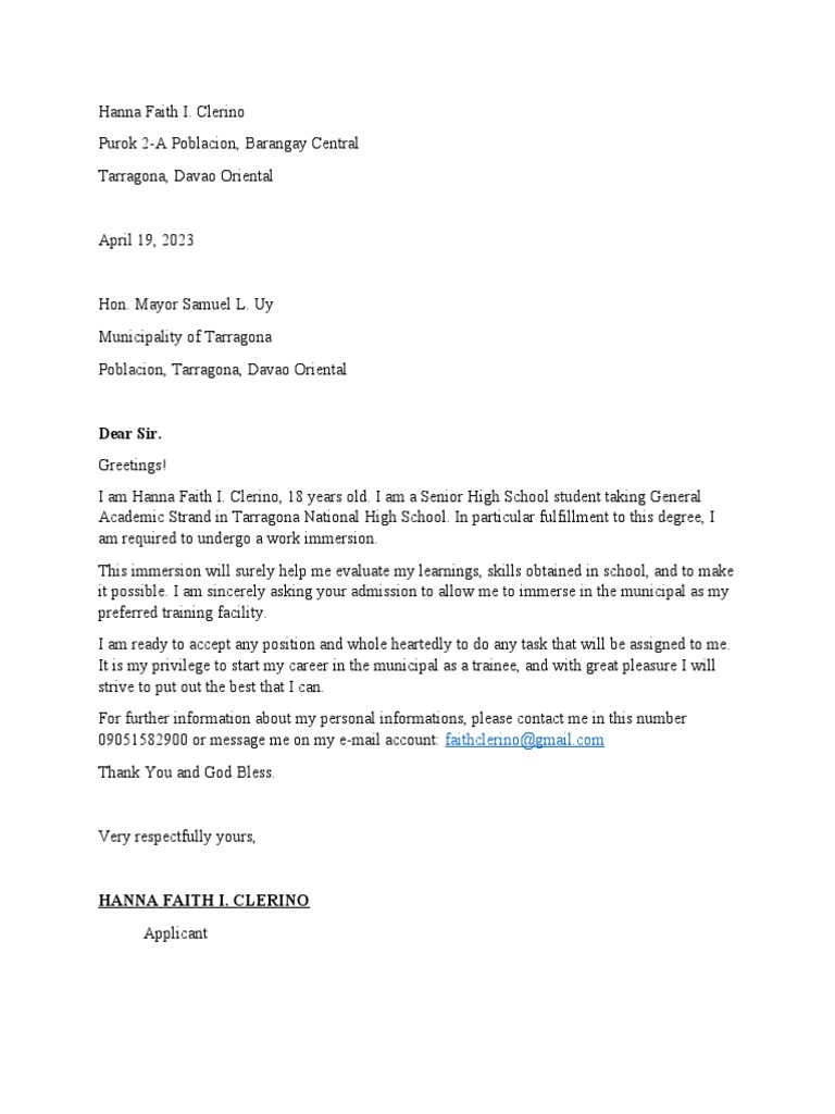 Application Letter For Work Immersion PDF