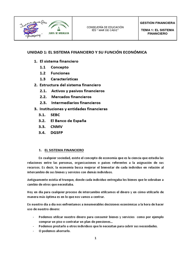 TEMA 1 El Sistema Financiero PDF | PDF | Bancos | Banco central europeo