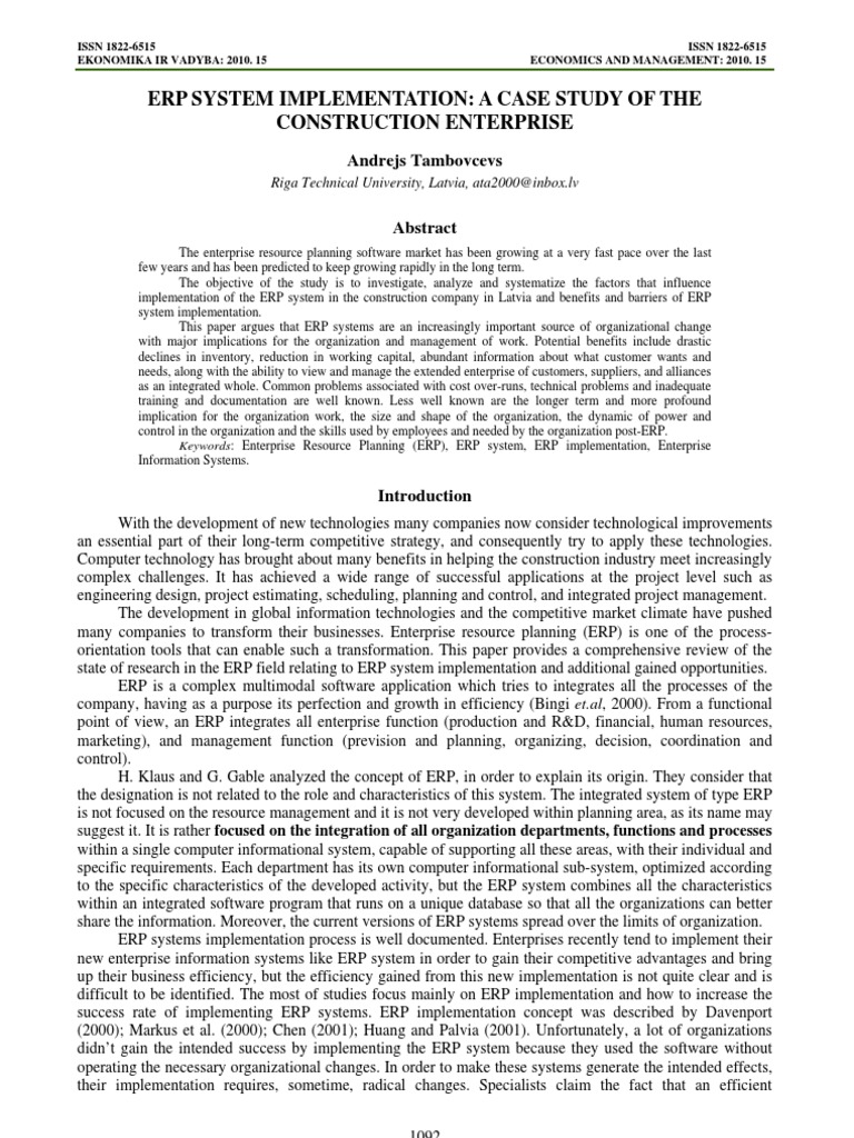 Erp System Implementation: A Case Study of The Construction Enterprise ...
