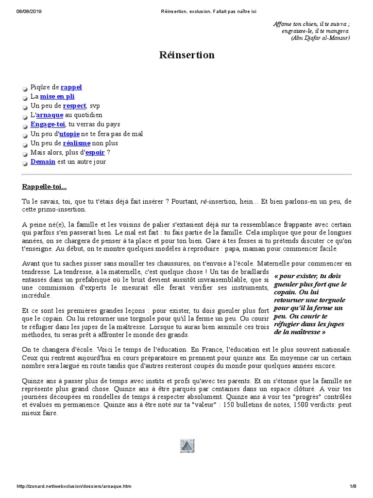 Réinsertion, Exclusion. Fallait Pas Naître Ici | PDF | Chômage | Économie