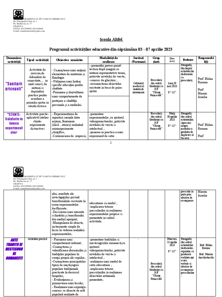 Planificare activitati scoala altfel 2023 pdf