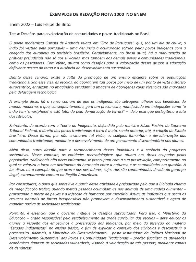 Redações Nota 1000: Valorização Tradicional | PDF | Cidadania | Sociologia