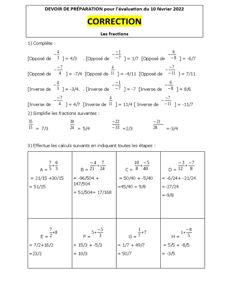 Exercice Fraction 4eme Avec Corrigé Corrigé Devoir de Préparation Fraction 4eme | PDF