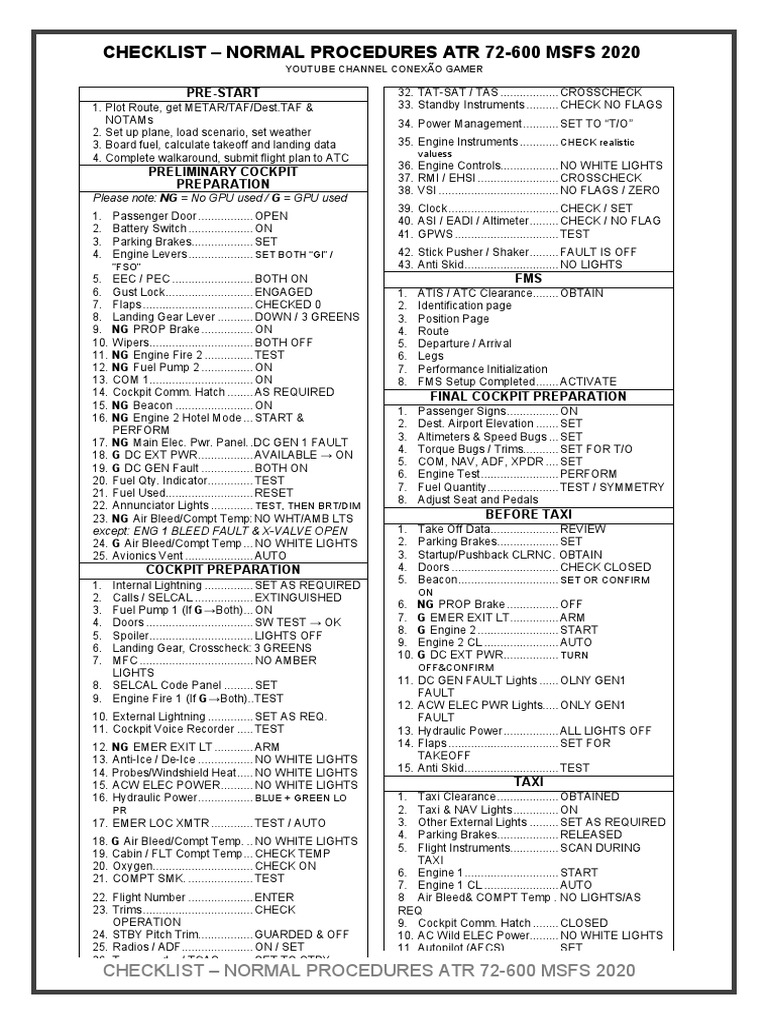 ATR 72-600 Normal Procedures Checklist | PDF | Computers | Technology ...