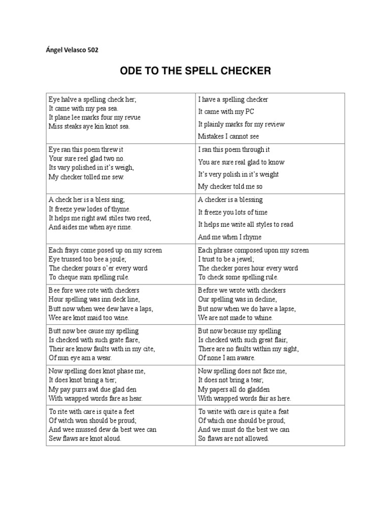 Ode to the Spell Checker Poem | PDF