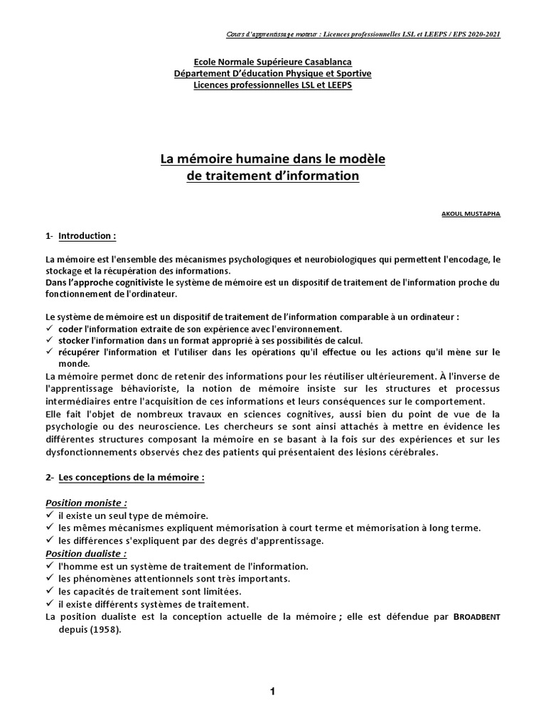Mémoire humaine et traitement d'information | PDF | Mémoire | Mémoire à ...