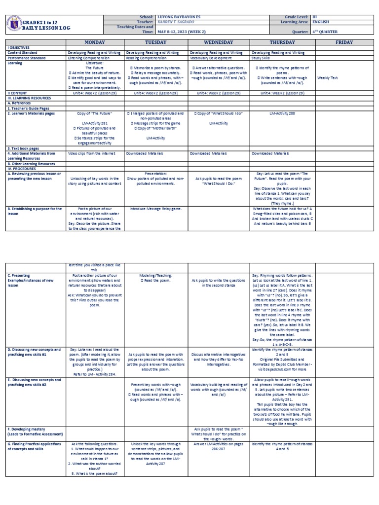 Grade 3 English Daily Lesson Plan | PDF | Poetry | Reading Comprehension