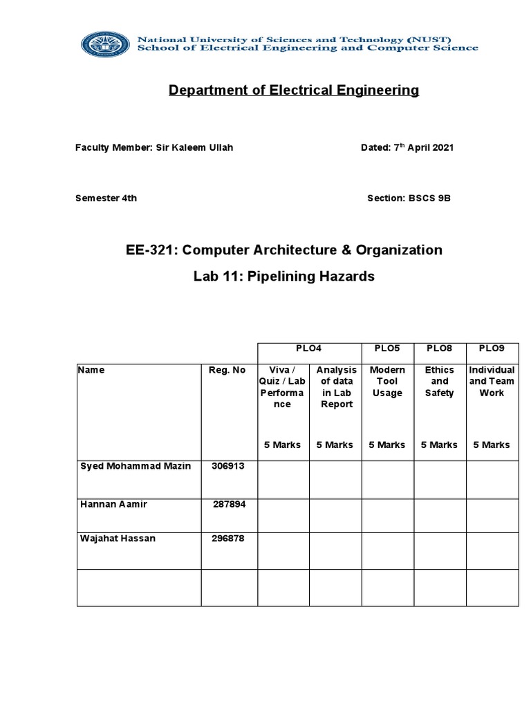 Lab on Pipelining Hazards in CPU | PDF