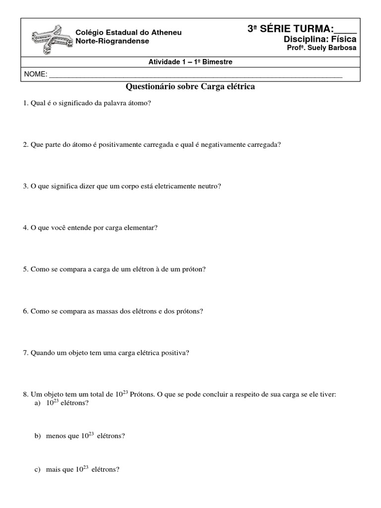 Questões Sobre Carga Elétrica PDF | PDF