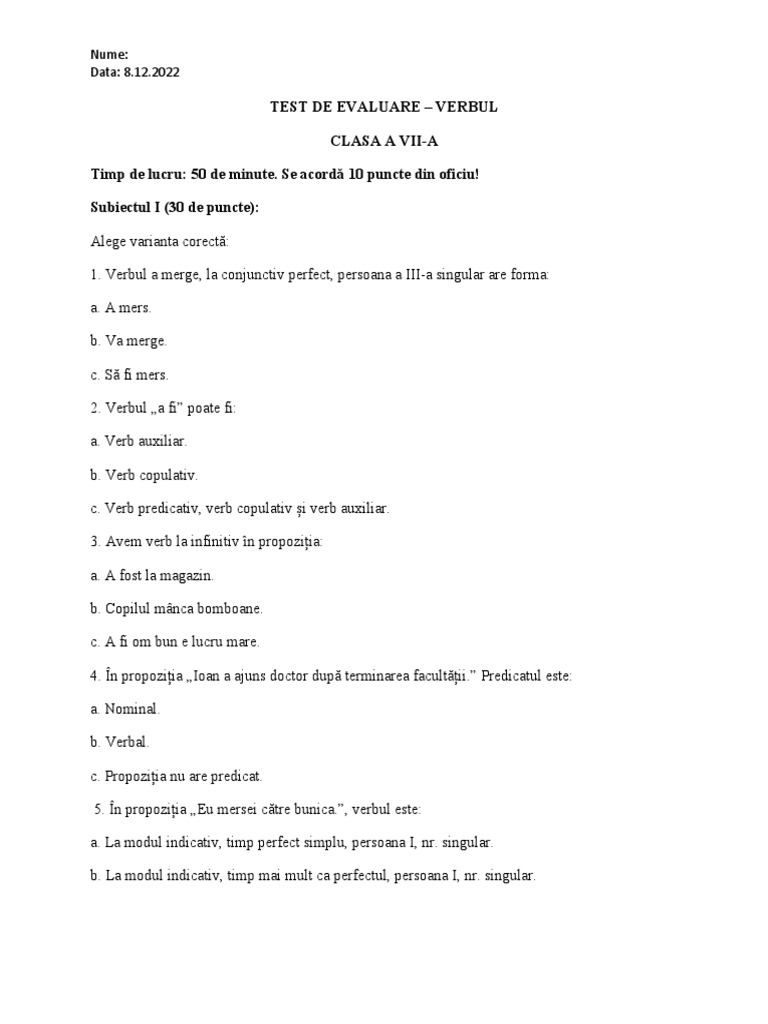 TEST DE EVALUARE Verbul - Clasa A 7 A | PDF