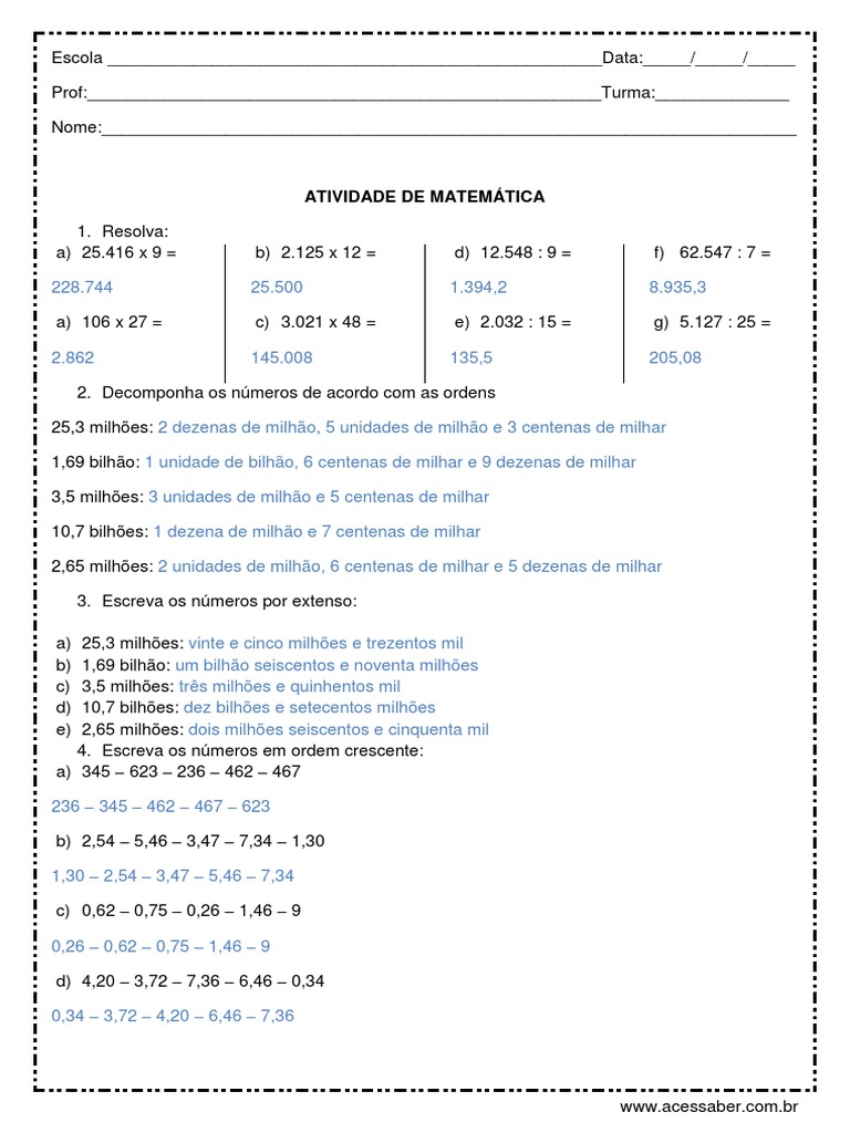 Avaliação de Matemática 6ºano - Respostas PDF | PDF