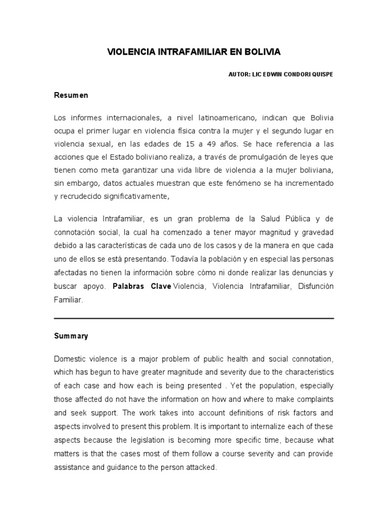 Violencia Intrafamiliar en Bolivia | PDF | La violencia contra las ...