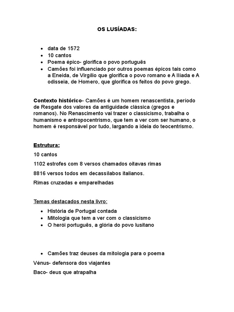 OS LUSÍADAS - Resumo Dos Cantos | PDF