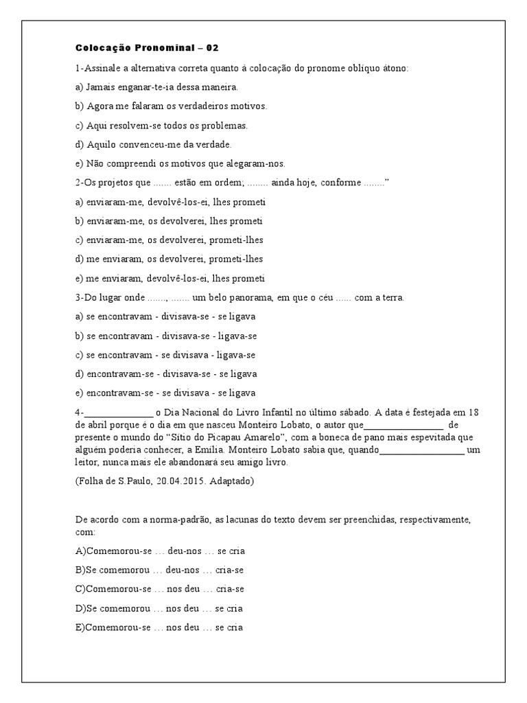 Exercícios de Colocação Pronominal 9º Ano | PDF