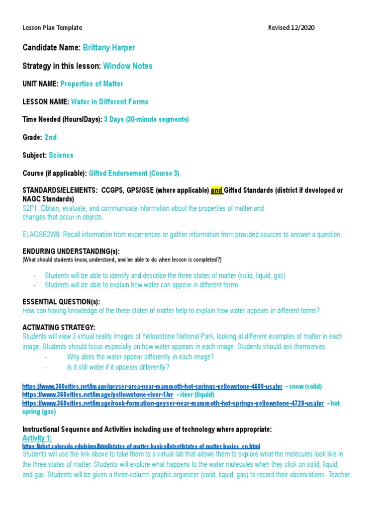 Window Notes Lesson Plan PDF Gases Water