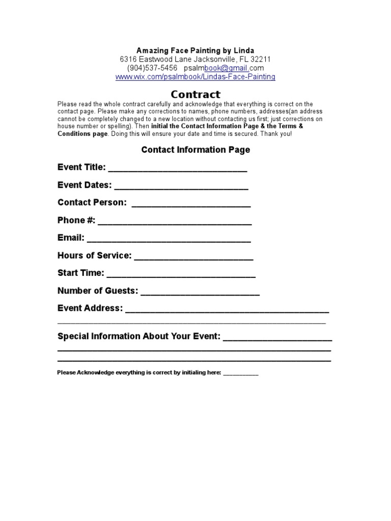 Amazing Face Painting Contract Sample PDF Fee Business
