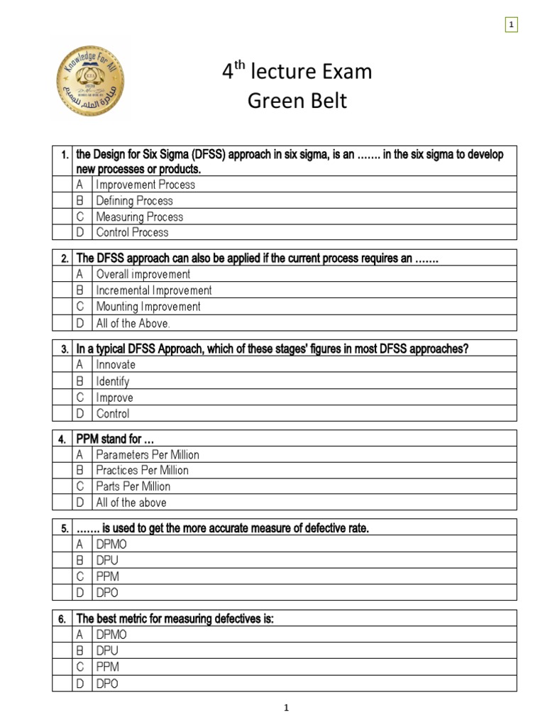 DFSS Green Belt Exam Questions PDF Design For Six Sigma Chart DFSS Green Belt Exam Questions PDF Design For Six Sigma Chart
