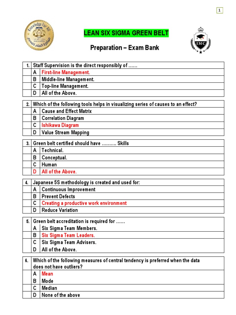 Lean Six Sigma Green Belt Exam Bank | PDF | Six Sigma | Design For Six Sigma