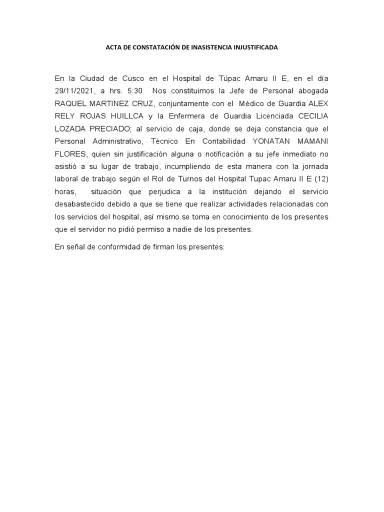 Acta de Inasistencia Injustificada | PDF