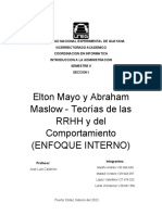 Ing. Informática, G5, Trabajo de Investigación, Elton Mayo y Abraham Maslow - Teorías de Las RRHH y Del Comportamiento
