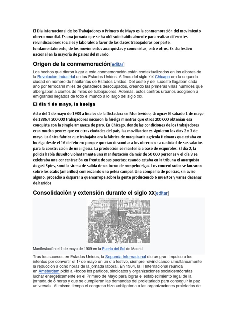 El Día Internacional de Los Trabajadores o Primero de Mayo Es La ...