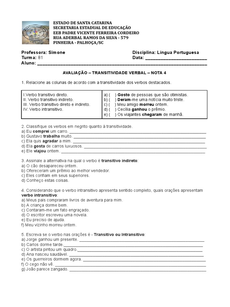 Prova Transitividade Verbal.pdf | PDF