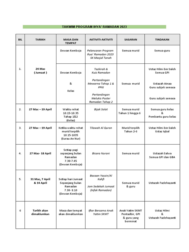 Takwim Program Ihya Ramadan 2023 | PDF