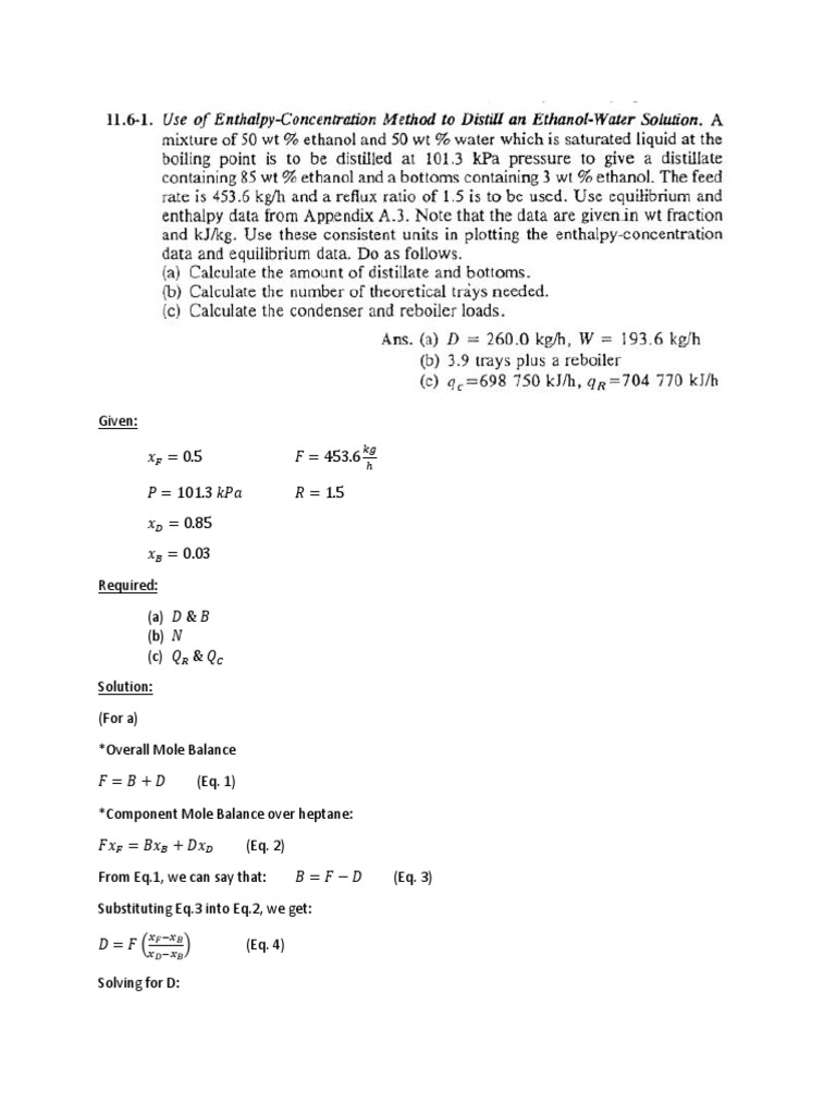 Distillation Calculations & Solutions | PDF