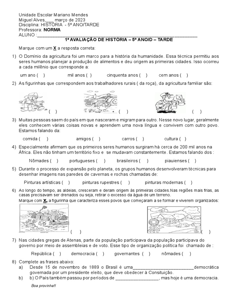1 Prova de História.5 Ano.d 2023 | PDF