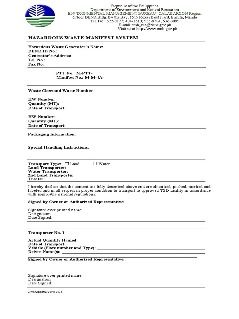 Manifest Form-1 | PDF | Waste | Human Impact On The Environment