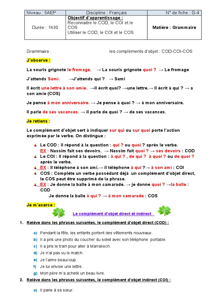 COD, COI et COS en Grammaire Française | PDF