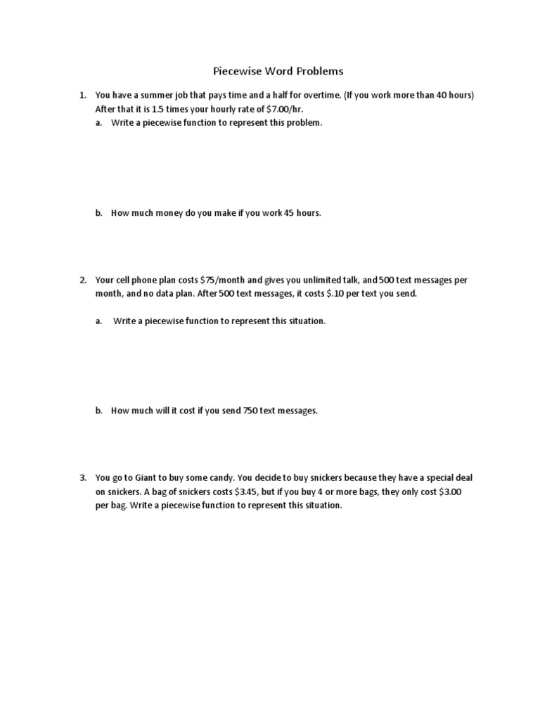 Printables Piecewise Word Problems Worksheet With Answers piecewise word problems