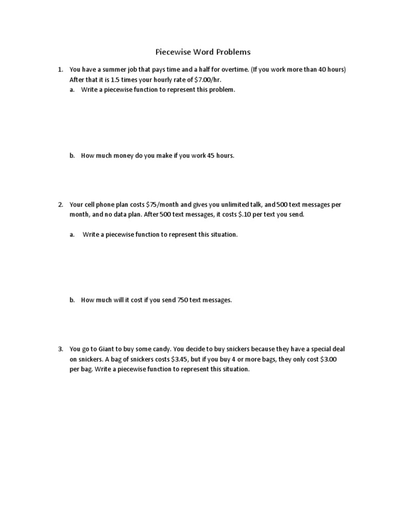 situation problème 11e année Pertaining To Piecewise Functions Word Problems Worksheet
