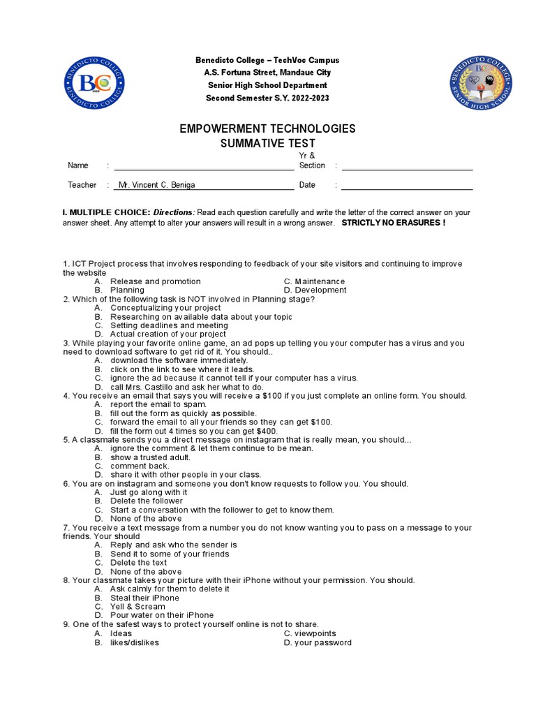 Senior High ICT Exam | PDF