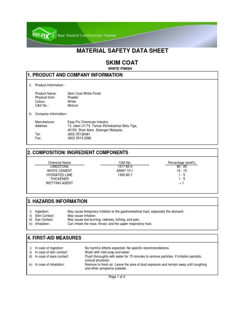 Skim Coat White Finish (MSDS) PDF