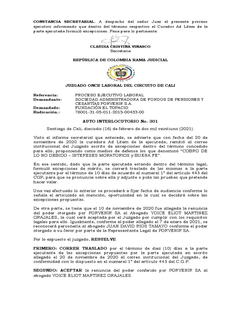 2015 00433 corre traslado a excepcion porvenir s a acepta renuncia y