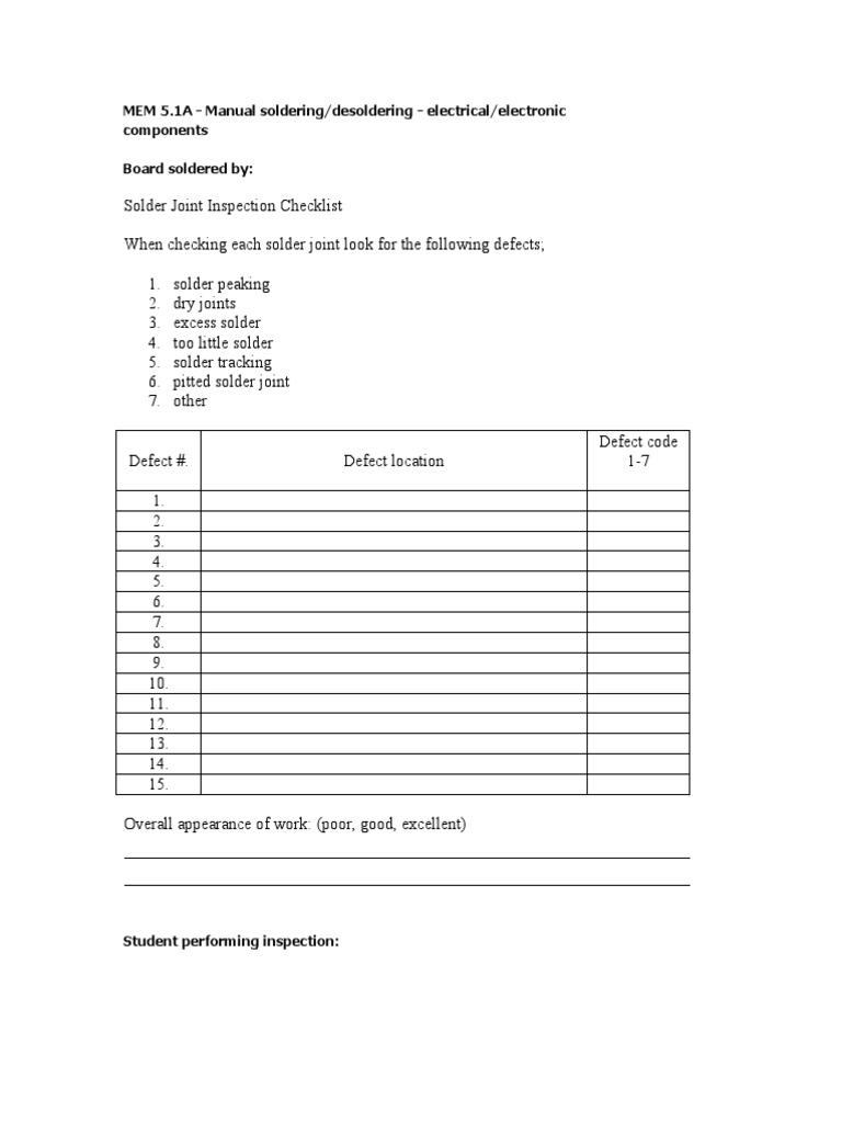 Solder Joint Inspection Sheet PDF