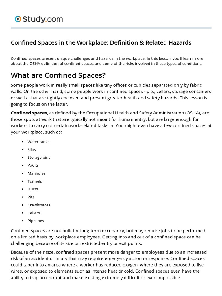 Confined Spaces in The Workplace Definition & Related Hazards PDF