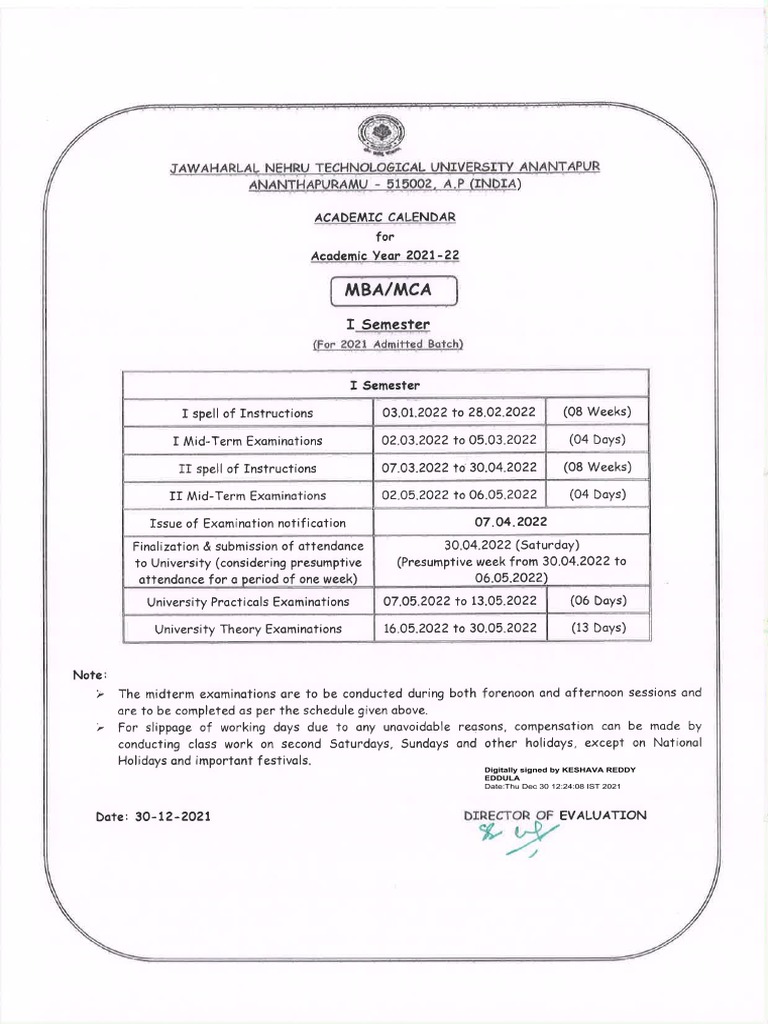 MBA MCA I Sem Academic Calendar For AY 2021 22 Sign PDF