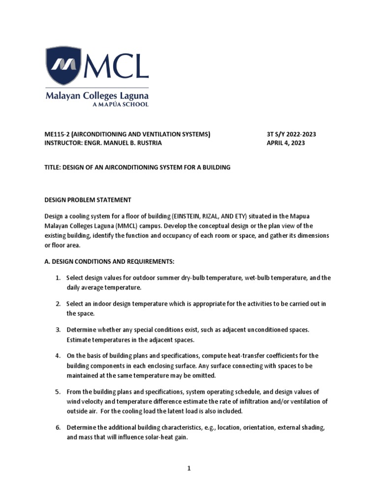 Me115 2 3T 2022 2023 Air Conditioning System Design Project PDF PDF