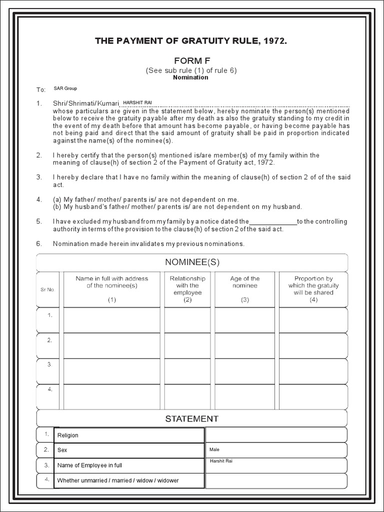 Gratuity Nomination Form F Template | PDF