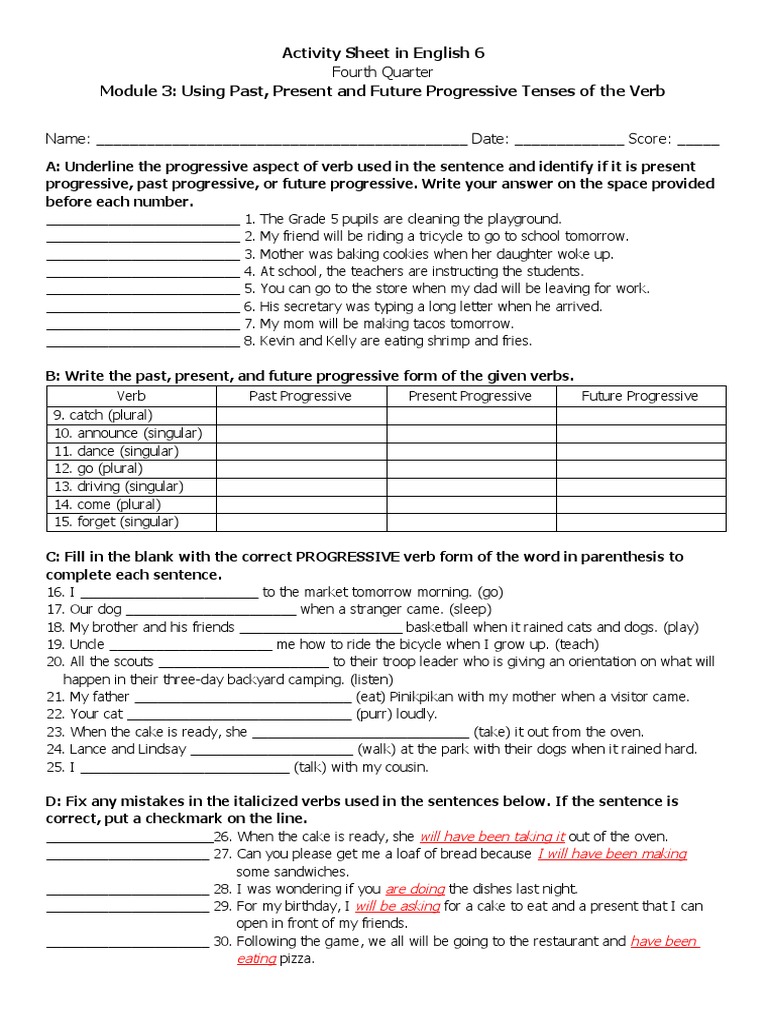 Progressive Tense Worksheet for Grade 6 | PDF