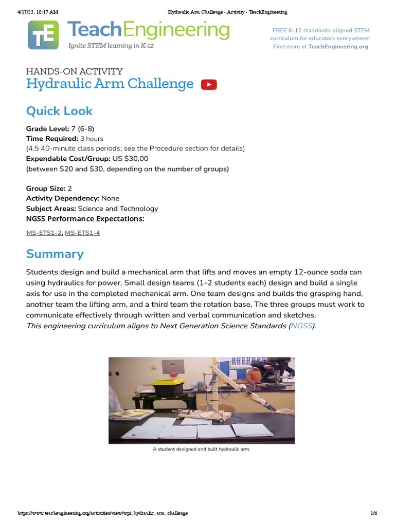 Hydraulic Arm Challenge Activity TeachEngineering PDF