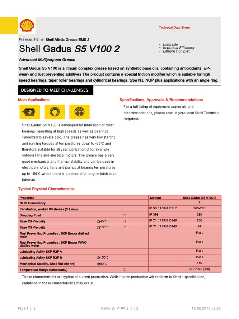 Shell Gadus S5 V100 2 Technical Data | PDF