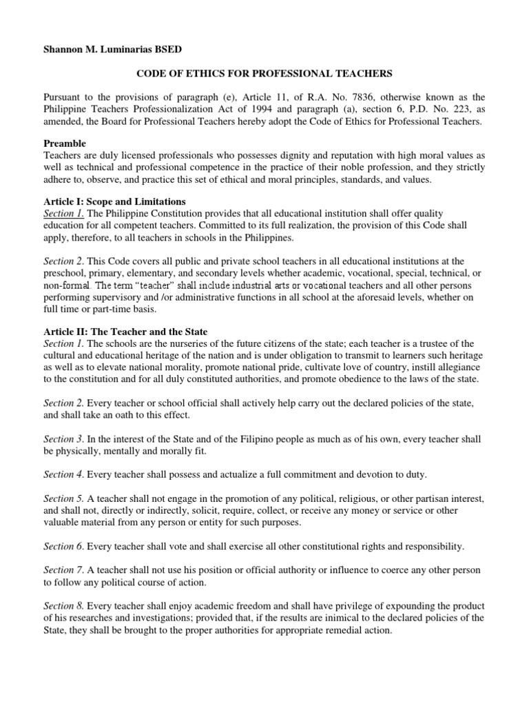 Code Of Ethics For Professional Teachers Profession Teachers