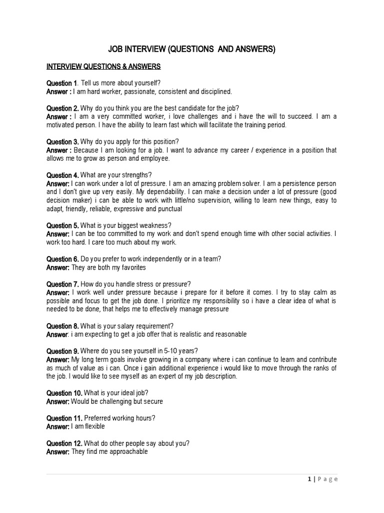 Job Interview Question & Answer PDF Job Interview Psychology